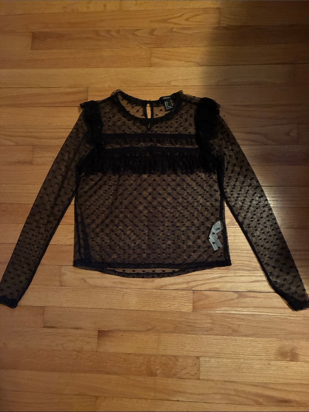 Forever 21 Black Sheer Dot Ruffle Long-Sleeve Top